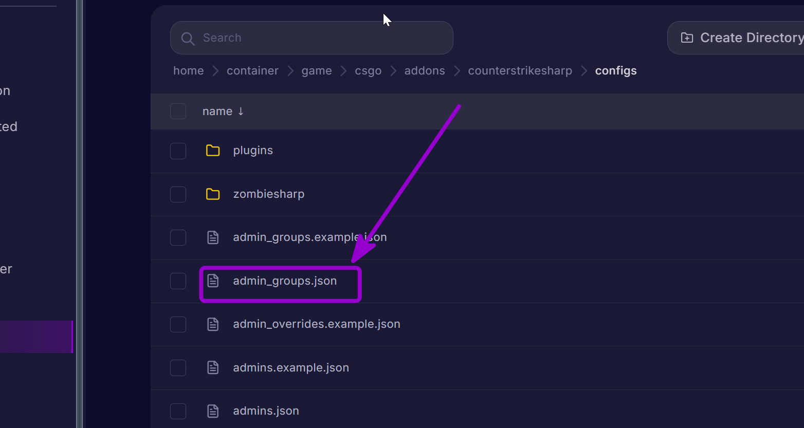 'admin_groups.json' outlined with arrow
