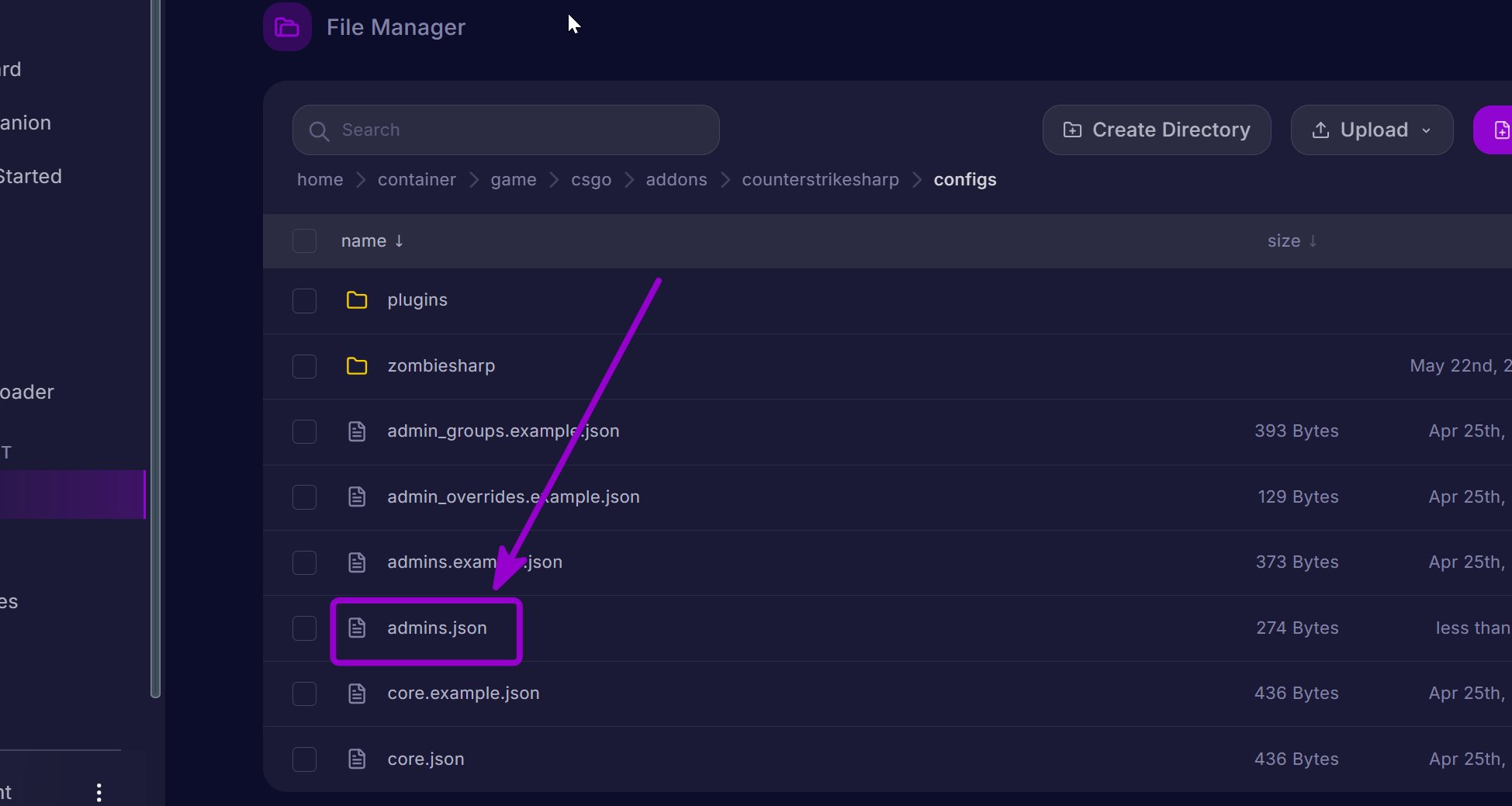 'admins.json' outlined with arrow