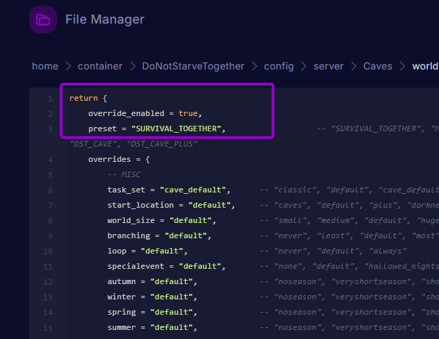 The worldgenoverride lua file editor inside the Caves directory with the preset block highlighted.
