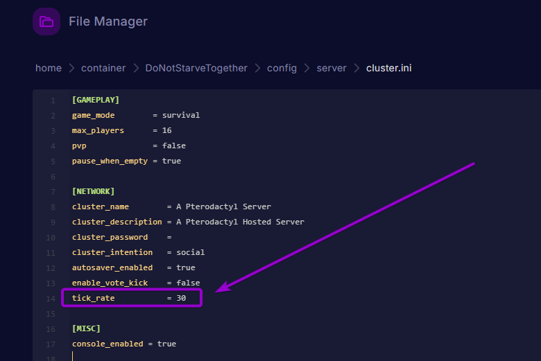 The cluster ini file editor with the tick rate setting highlighted.