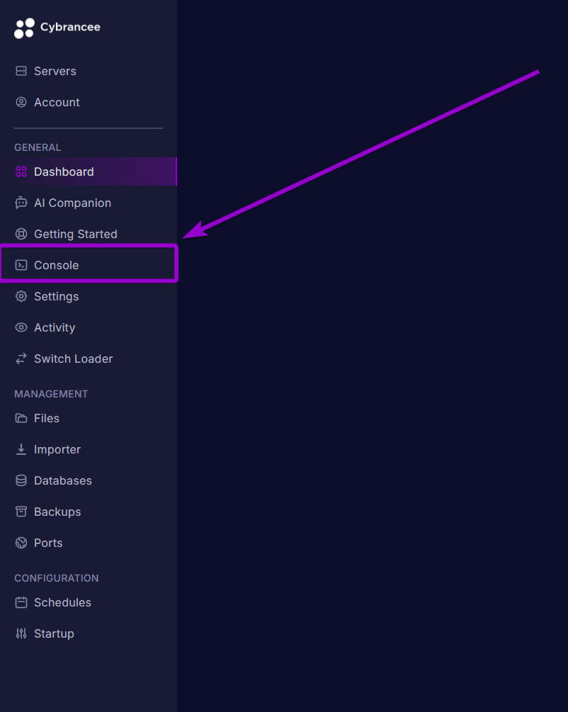 The Cybrancee panel navigation menu with the Console tab highlighted.