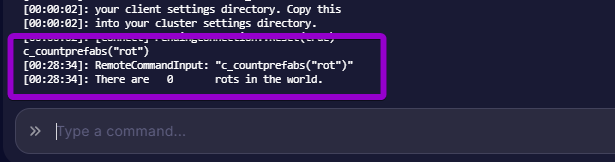 The server console displaying the countprefabs command output.