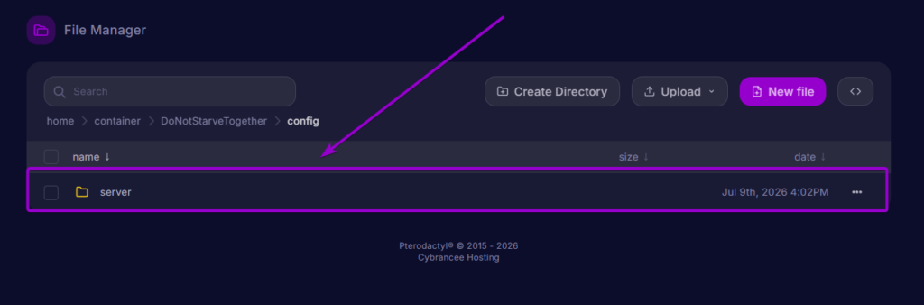 The server folder highlighted within the config directory.