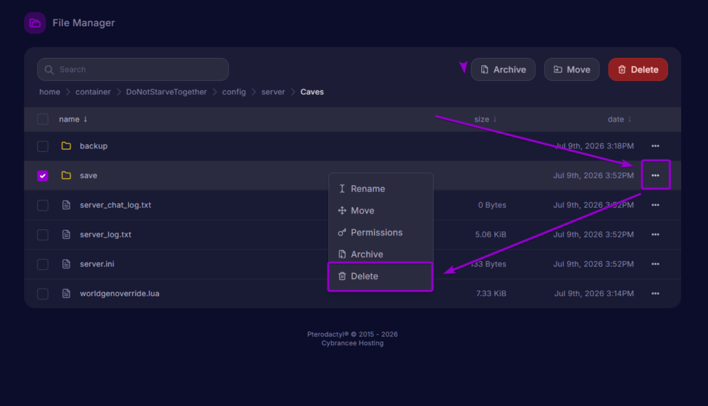 The file manager displaying the Caves directory with the save folder selected and the delete option highlighted.