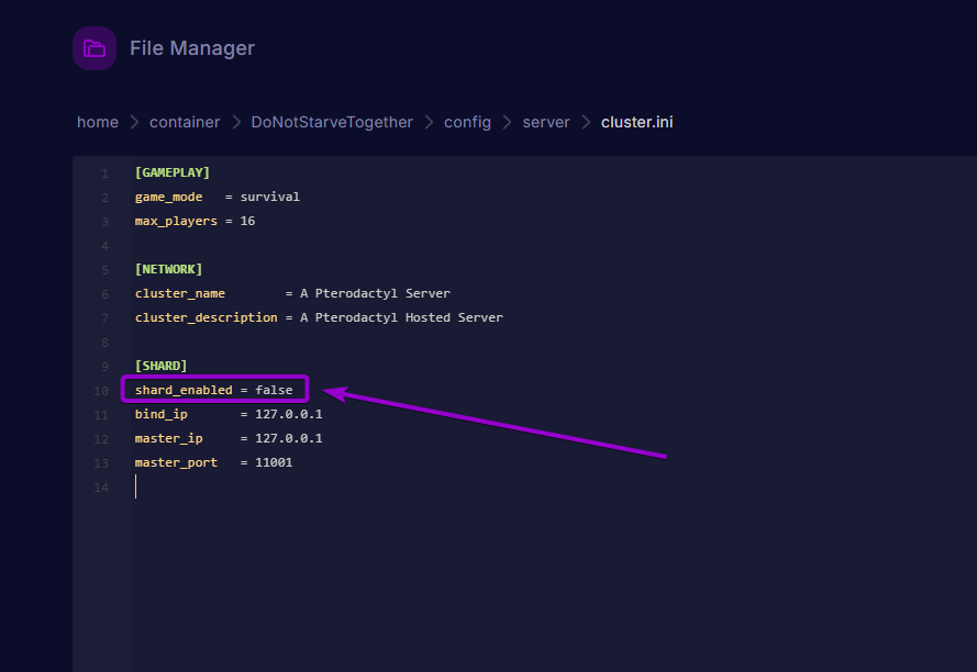 The cluster.ini file editor inside the server directory with shard_enabled set to false highlighted.