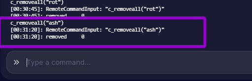 The server console displaying the removeall command output for rot.