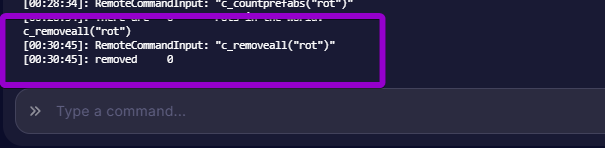 The server console displaying the removeall command output for rot.