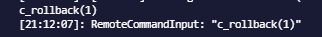 The server console showing the c_rollback(1) command being entered and the RemoteCommandInput confirmation message.