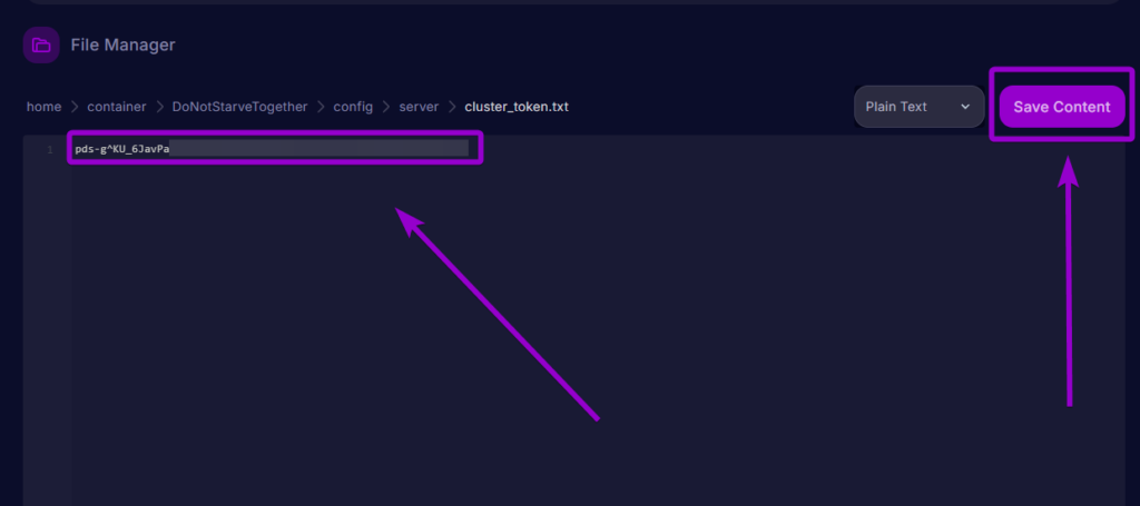 The cluster token text file editor with the Save Content button highlighted.