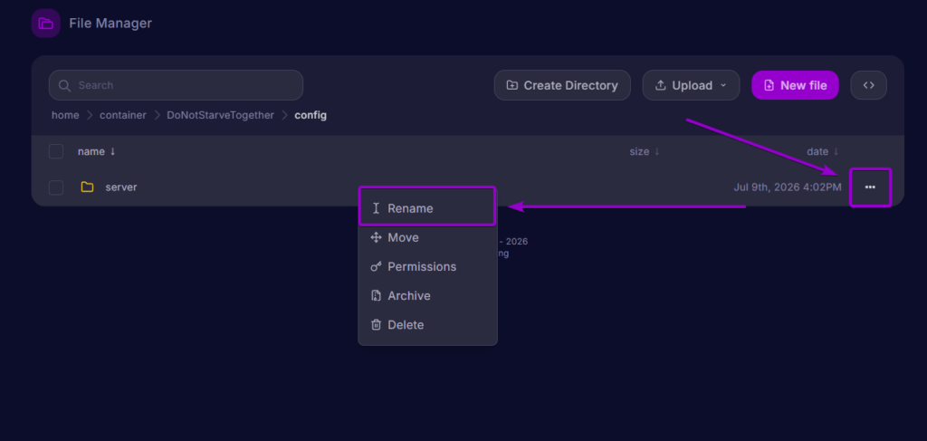 The file manager context menu showing the rename option for the server folder.