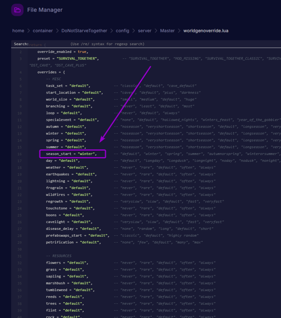 The worldgenoverride lua file editor with the season start variable highlighted.