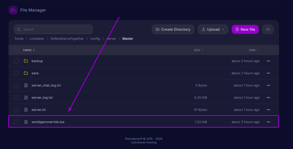The worldgenoverride lua file selected in the Master directory.