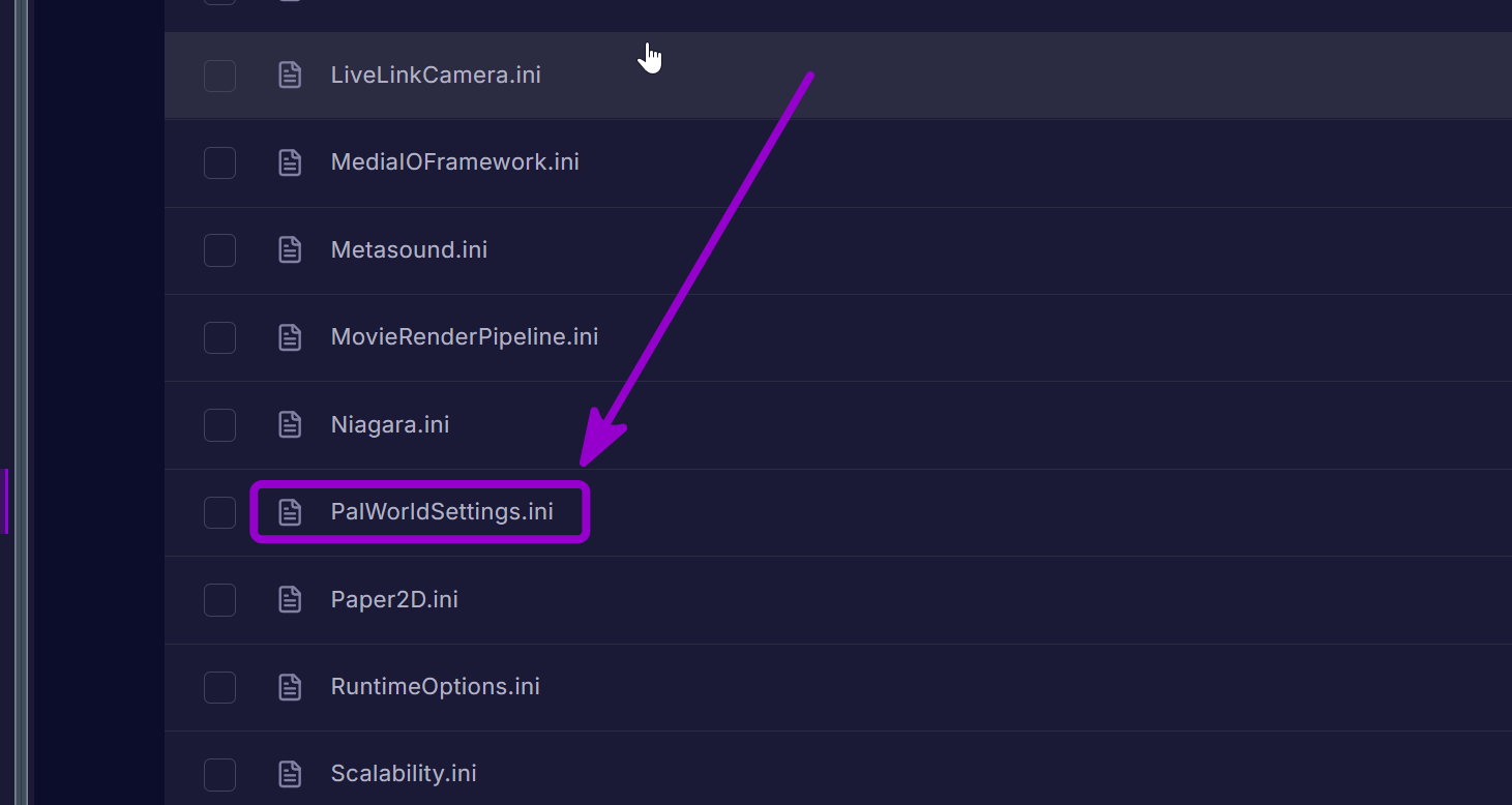 'PalWorldSettings.ini' file outlined with arrow