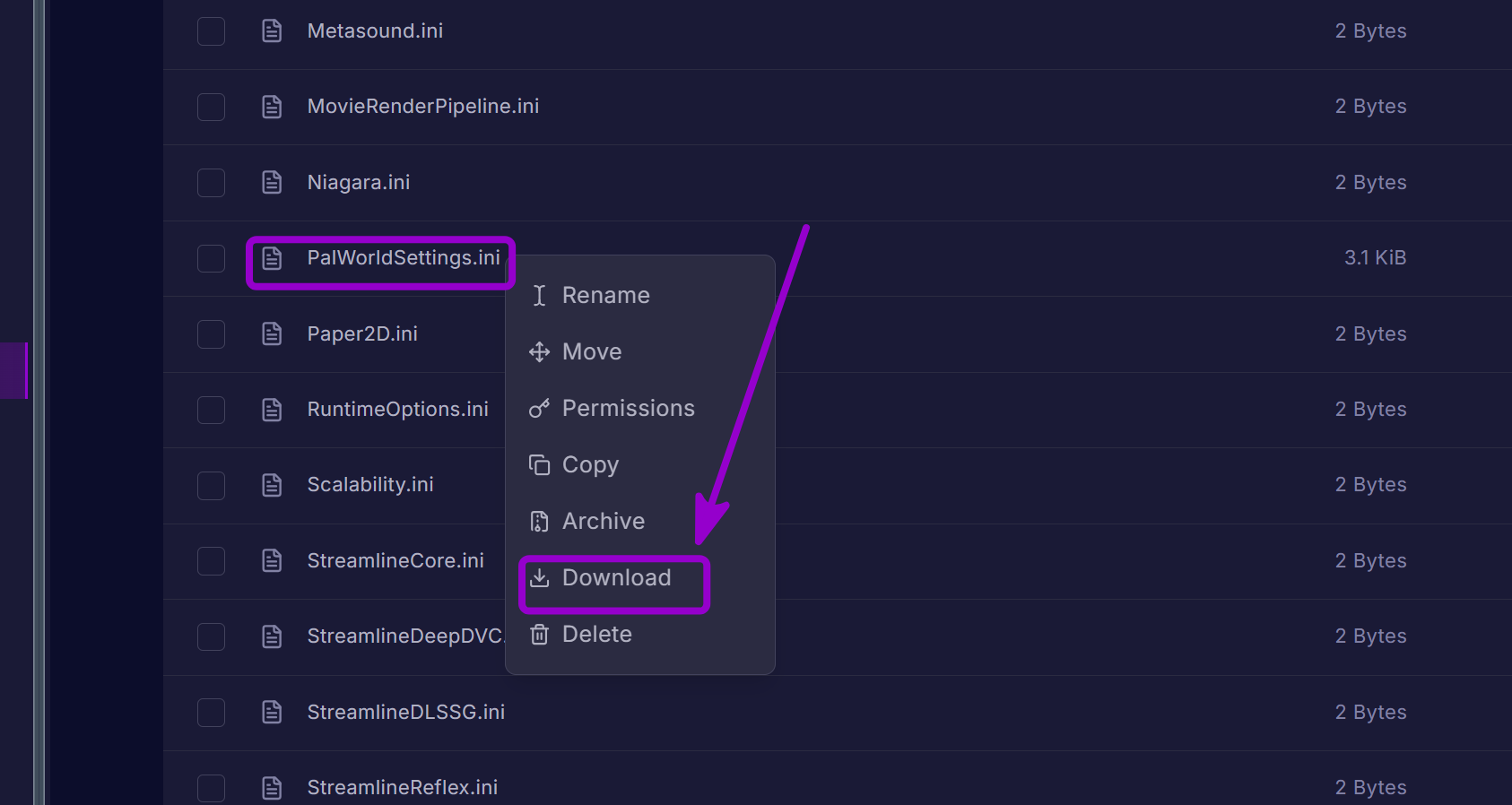Download'PalWorldSettings.ini' file outlined with arrow