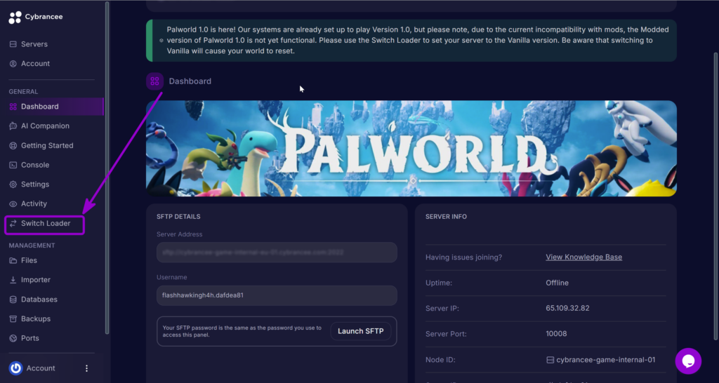 'Switch Loader' Tab outlined with arrow