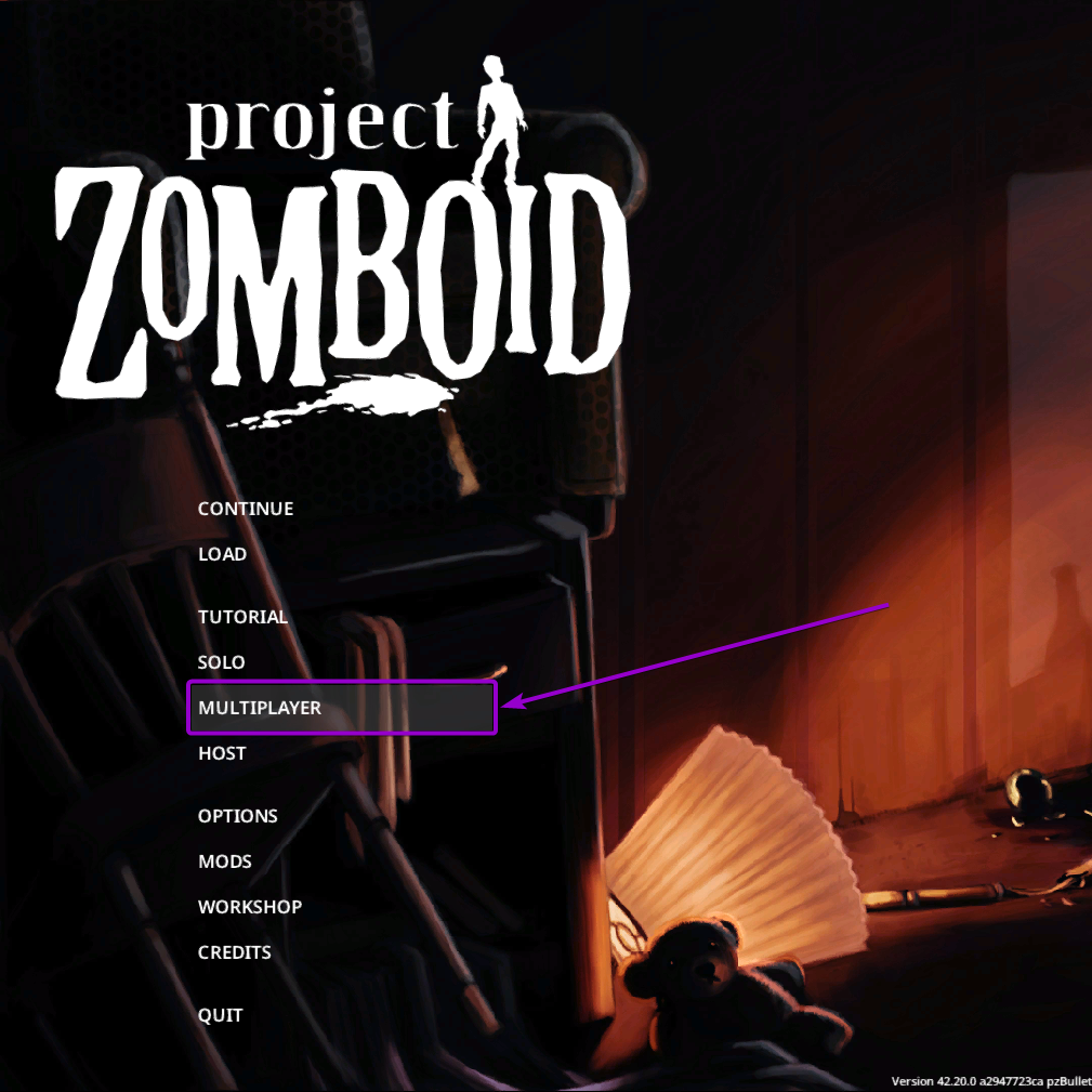 Project Zomboid - 'Multiplayer' button outlined with arrow