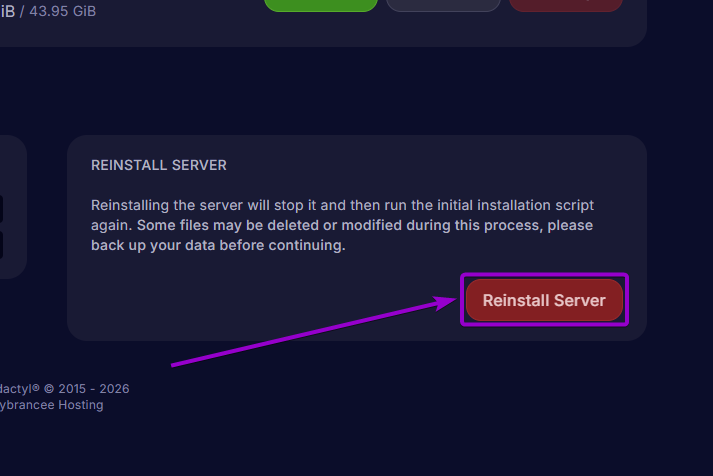 Project Zomboid - 'Reinstall Server' outlined with arrow