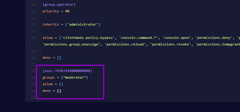 Cybrancee Panel text editor showing user SteamID assigned to custom staff group in permissions.toml