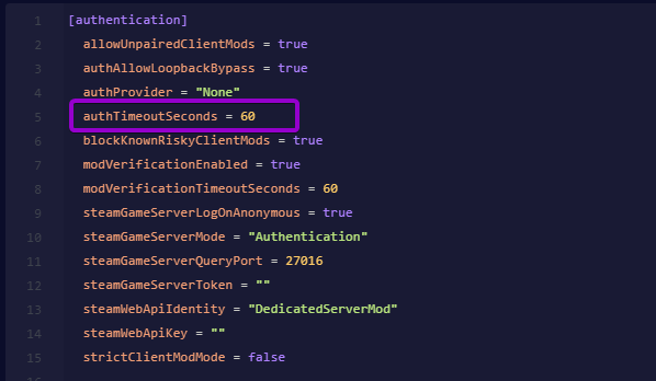 Cybrancee Panel text editor showing authTimeoutSeconds set to 60 in server_config.toml