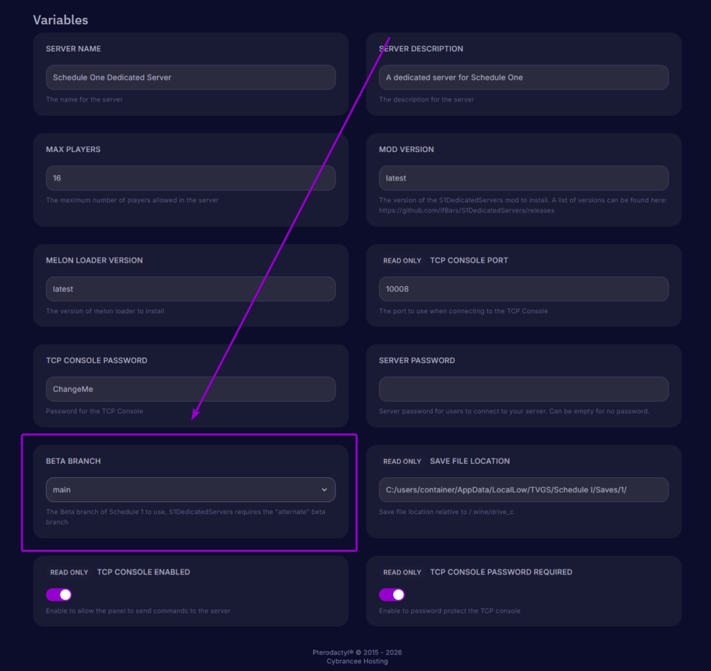 The Cybrancee panel Startup Settings page with a purple box and arrow highlighting the Beta Branch variable dropdown menu.