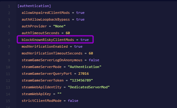 Cybrancee Panel text editor showing blockKnownRiskyClientMods set to true in server_config.toml