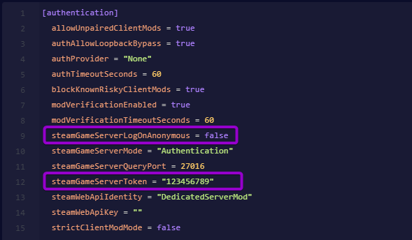 Cybrancee Panel text editor showing steamGameServerLogOnAnonymous set to false and steamGameServerToken set in server_config.toml