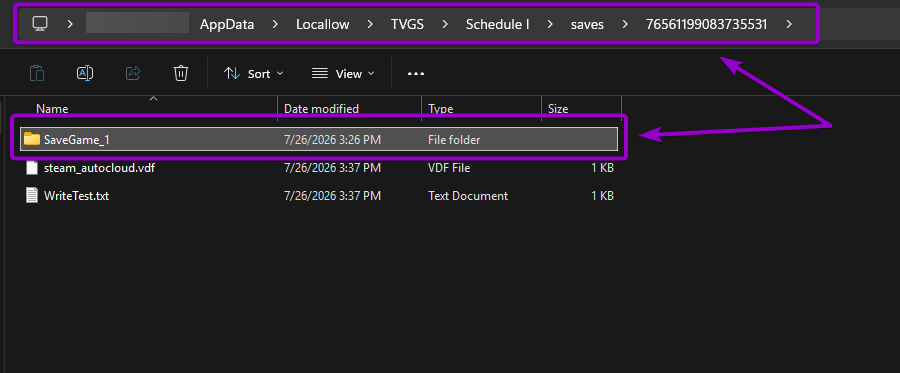 Windows File Explorer showing SaveGame_1 folder with address bar path highlighted