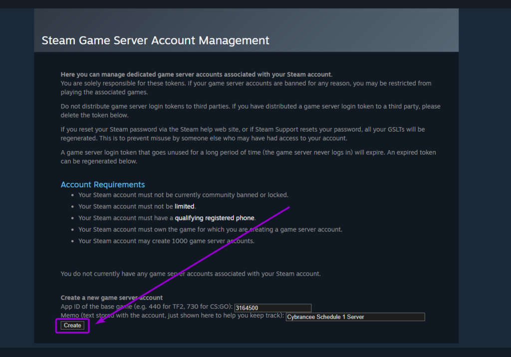 Steam Game Server Account Manager with Schedule 1 App ID and Memo filled out and Create button highlighted