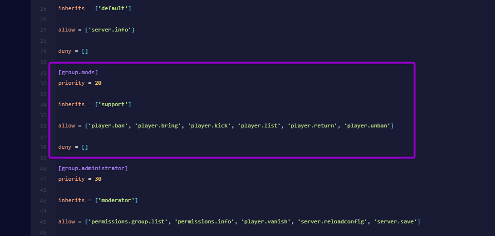 Cybrancee Panel text editor showing custom group permissions configured in permissions.toml