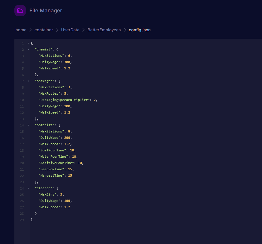 Cybrancee Panel text editor displaying chemist, packager, botanist, and cleaner JSON code inside config.json