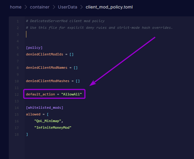 Cybrancee Panel text editor displaying client_mod_policy.toml with default_action AllowAll parameter highlighted