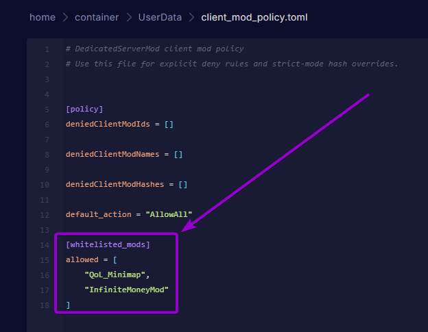 Cybrancee Panel text editor displaying client_mod_policy.toml with whitelisted_mods section highlighted