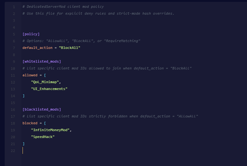 Cybrancee Panel text editor displaying client_mod_policy.toml configuration options