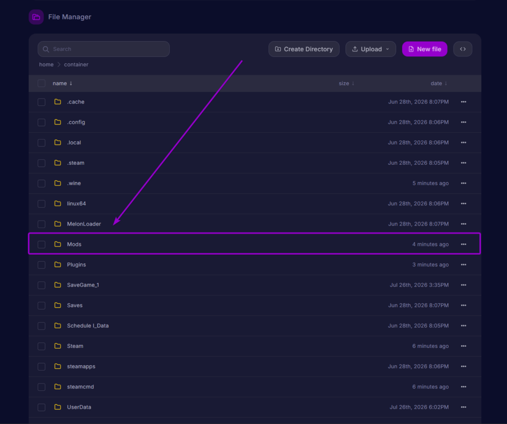 Cybrancee Panel File Manager showing the Mods folder highlighted in the root directory