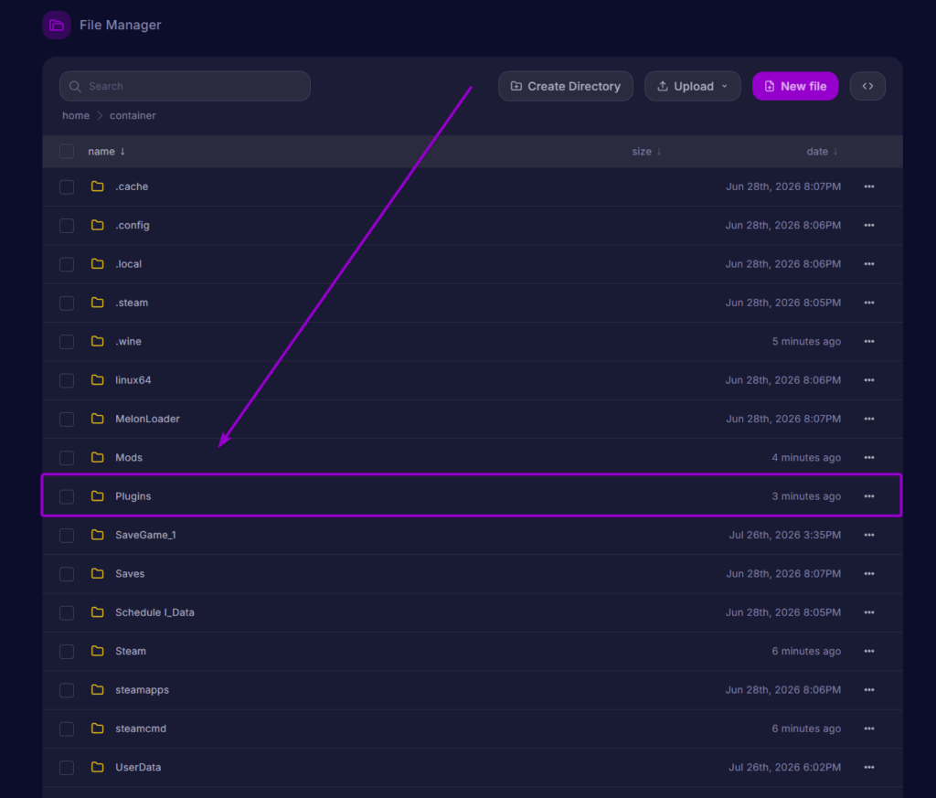 Cybrancee Panel File Manager showing the Plugins folder highlighted in the root directory