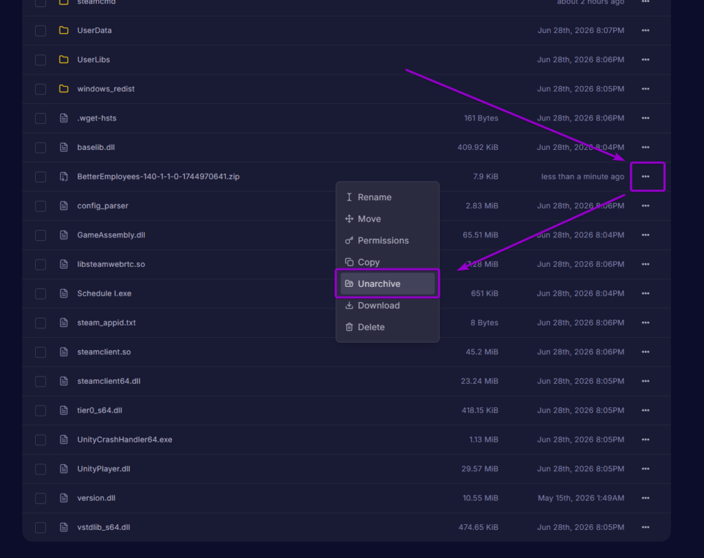 Cybrancee Panel File Manager showing context menu with Unarchive option highlighted on uploaded zip archive