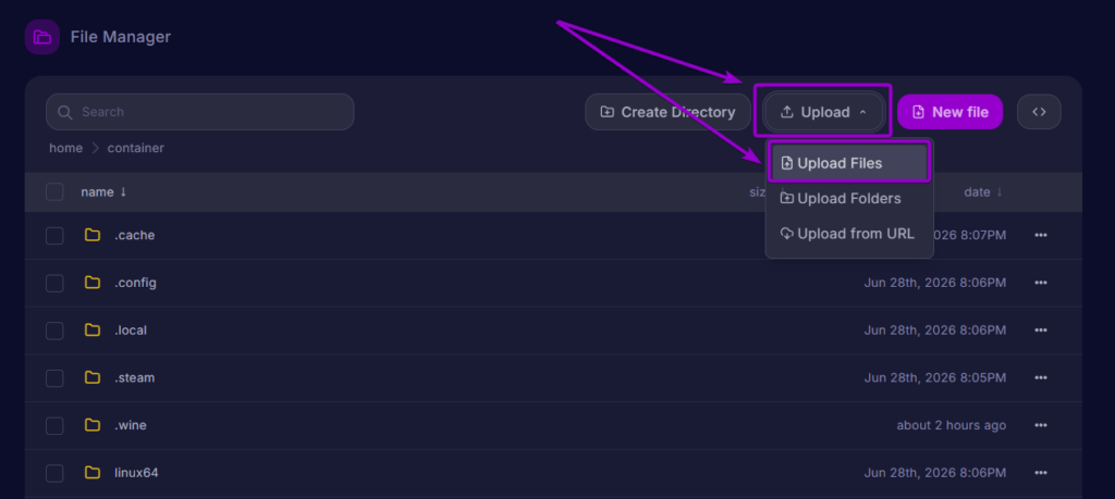 Cybrancee Panel File Manager showing the Upload button and Upload Files option highlighted