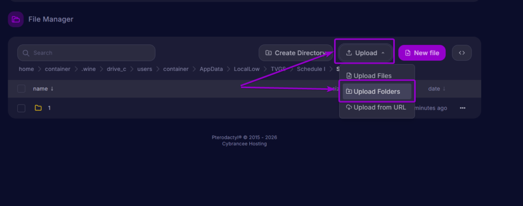 Cybrancee Panel File Manager Upload menu with Upload Folders highlighted