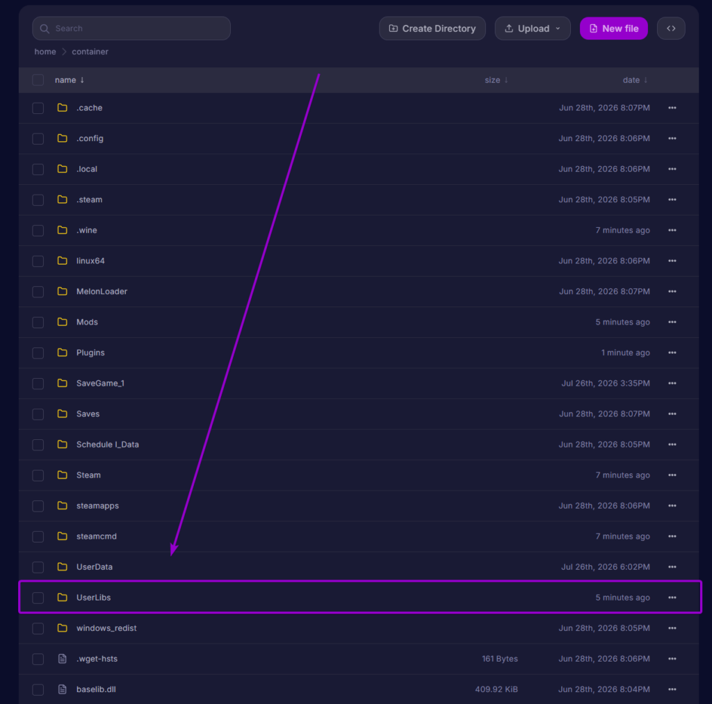 Cybrancee Panel File Manager showing the UserLibs folder highlighted in the root directory