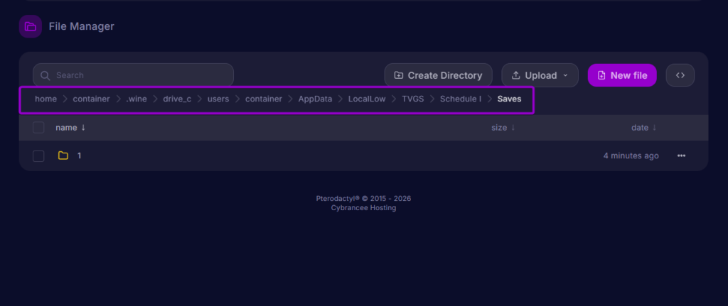 Cybrancee Panel File Manager displaying full Wine AppData Saves breadcrumb directory path