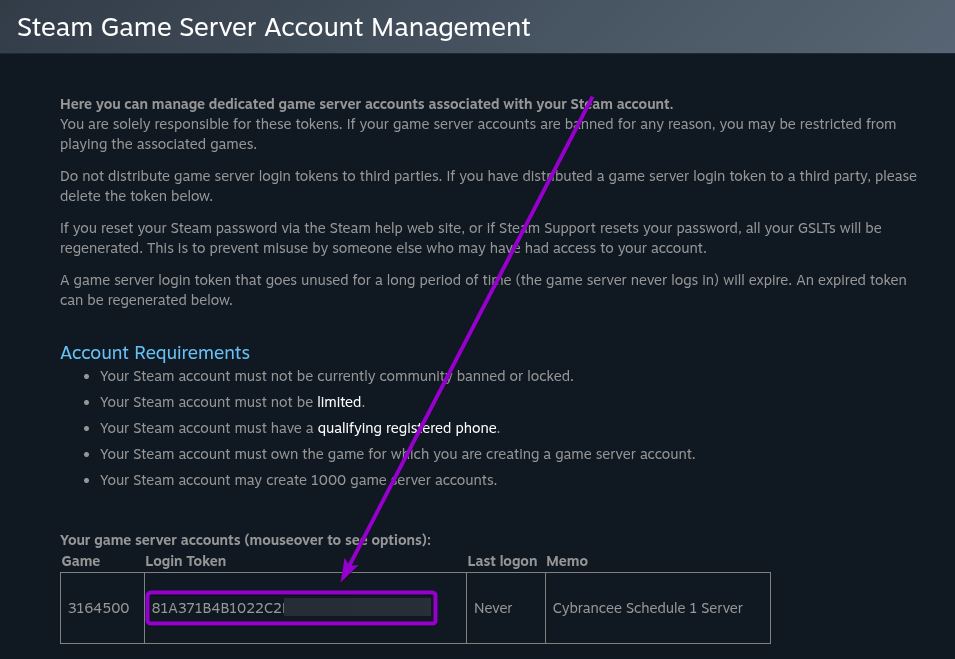Schedule 1 Login Token Highlighted