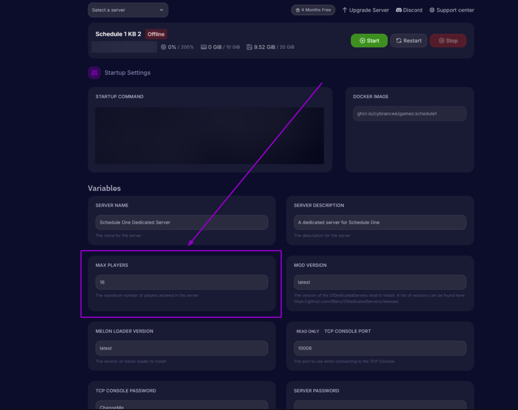 The Cybrancee panel Startup Settings page with a purple box and arrow highlighting the Max Players variable input field.