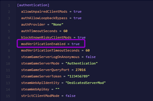 Cybrancee Panel text editor showing modVerificationEnabled set to true in server_config.toml