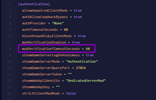 Cybrancee Panel text editor showing modVerificationTimeoutSeconds set to 60 in server_config.toml