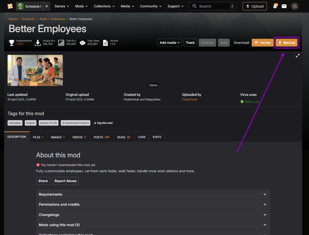 Nexus Mods page for Schedule 1 Better Employees showing the Manual download button highlighted