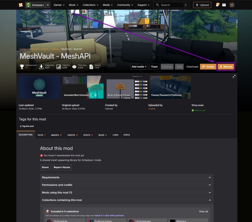Nexus Mods page for MeshVault showing the Manual download button highlighted with an arrow