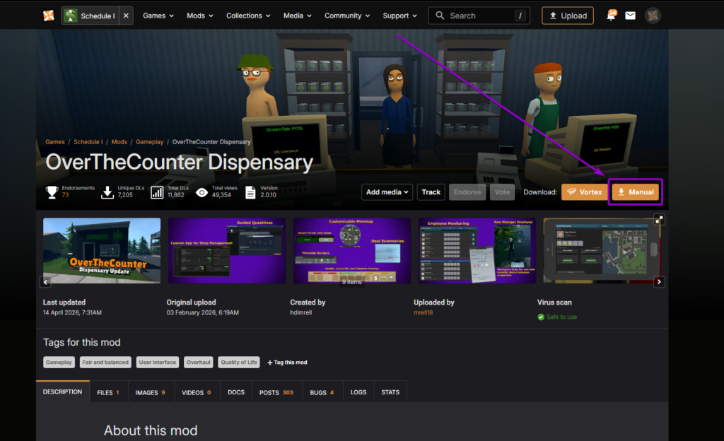 Nexus Mods page for OverTheCounter Dispensary showing the Manual download button highlighted with an arrow