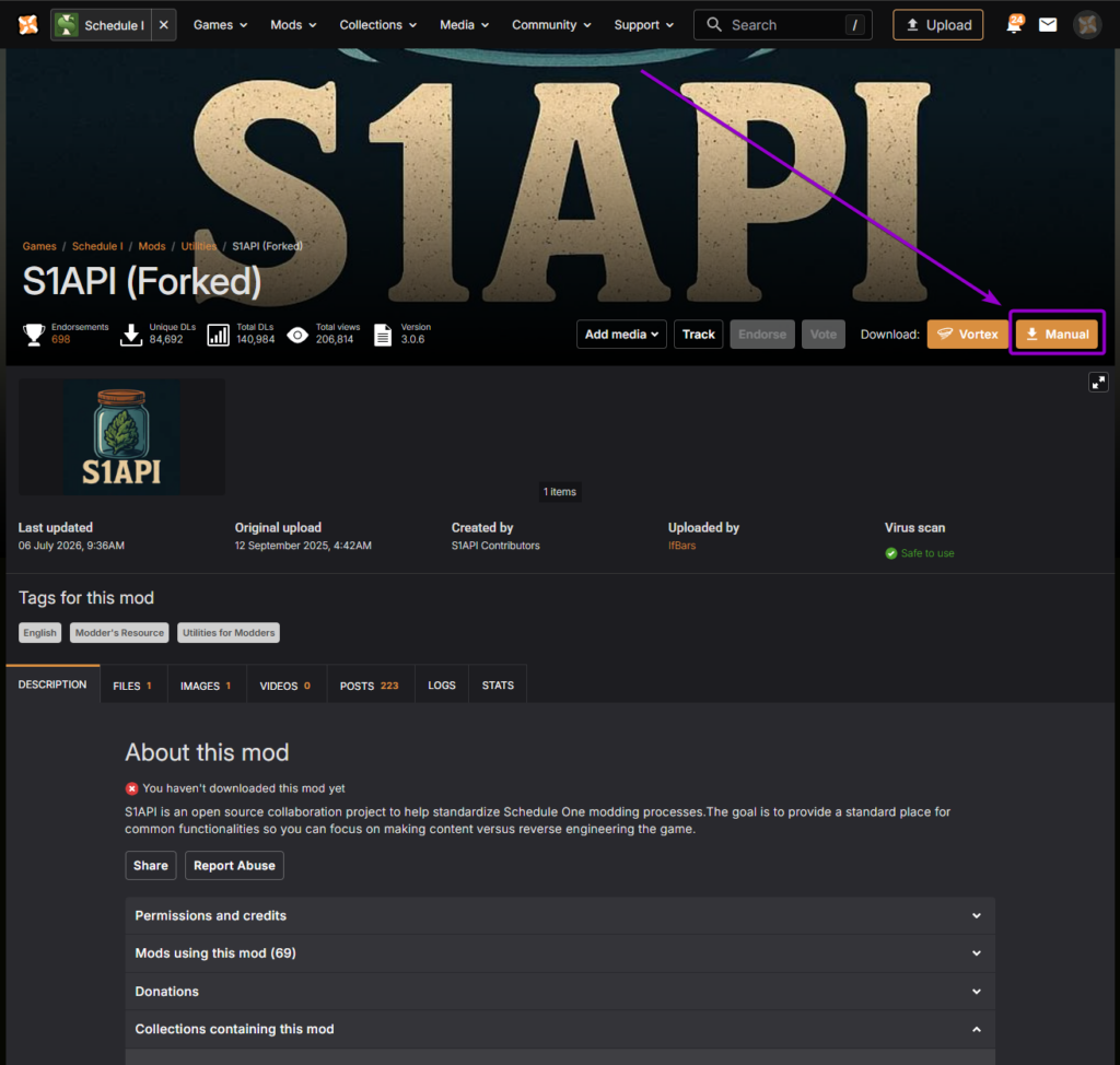 Nexus Mods page for S1API Forked showing the Manual download button highlighted with an arrow