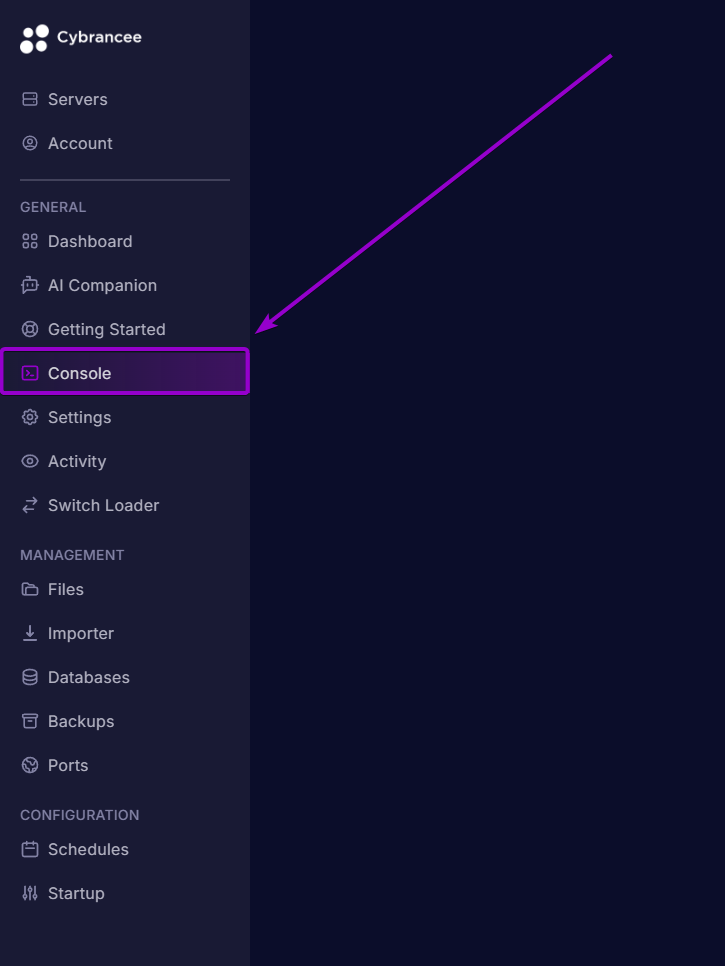 Cybrancee Panel navigation menu with the Console tab highlighted