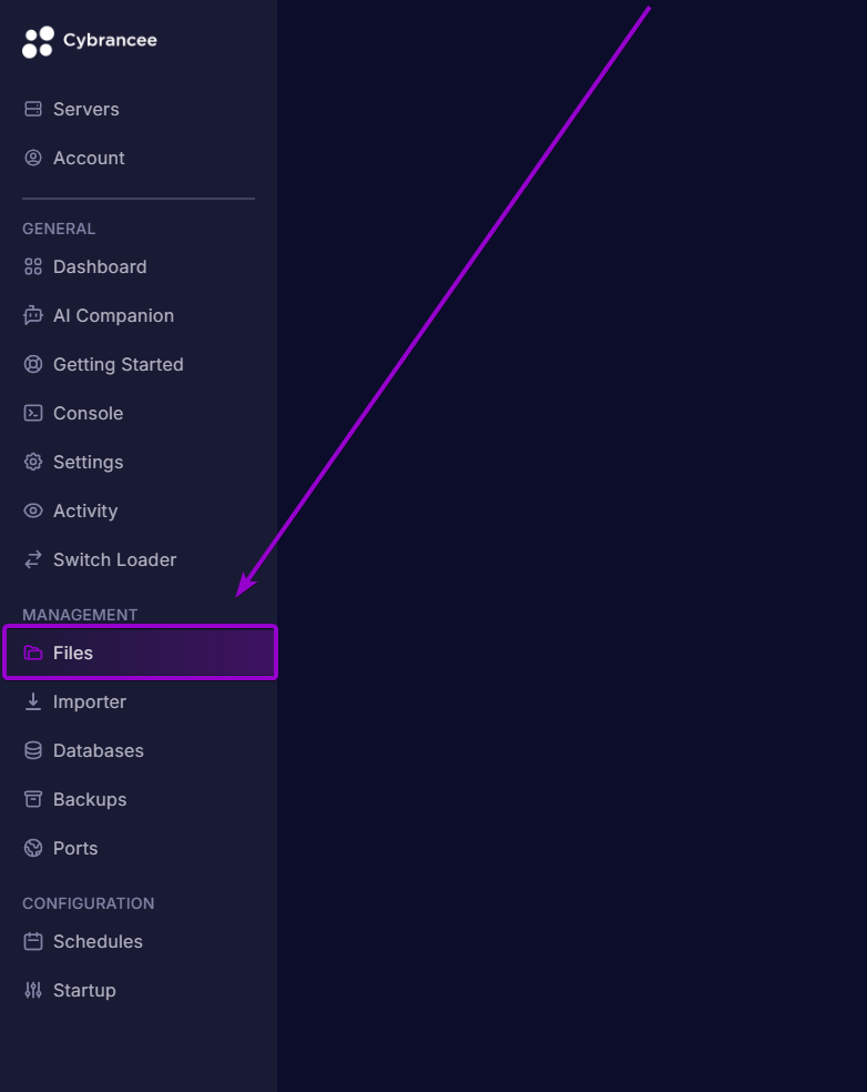 Cybrancee Panel navigation menu with the Files tab highlighted